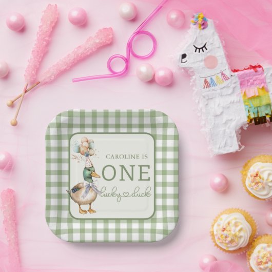Green One Lucky Duck Balloon 1e verjaardag Papieren Bordje (Feest)