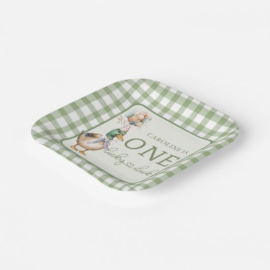 Green One Lucky Duck Balloon 1e verjaardag Papieren Bordje (Gebogen)