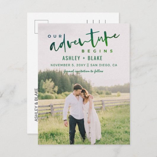 Green Ons avontuur begint Foto sparen de Datum Aankondigingskaart (Voorkant / Achterkant)