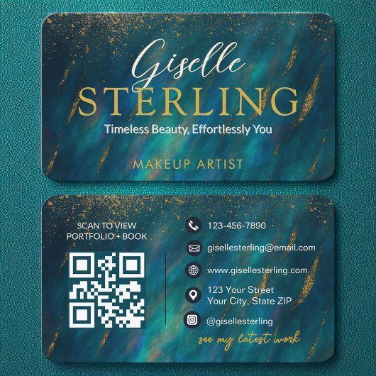 Green Opal Glam Stone Script Moderne QR-code Visitekaartje