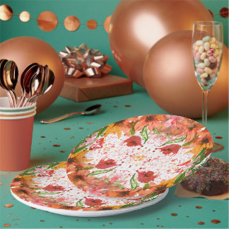 Green & Orange Modern Abstract Floral Papieren Bordje