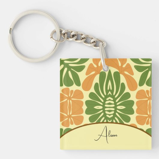 Green & Orange Modern Abstract Floral Sleutelhanger (voorkant)