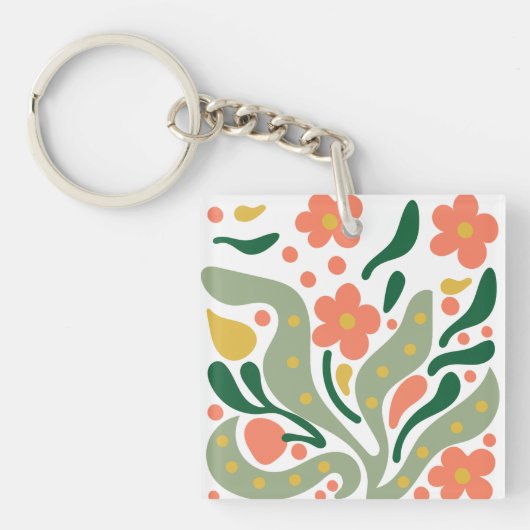 Green & Orange Modern Abstract Floral Sleutelhanger (voorkant)