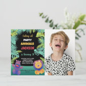 Green Oranje Safari Birthday Invitations W Foto Kaart (Staand voorkant)