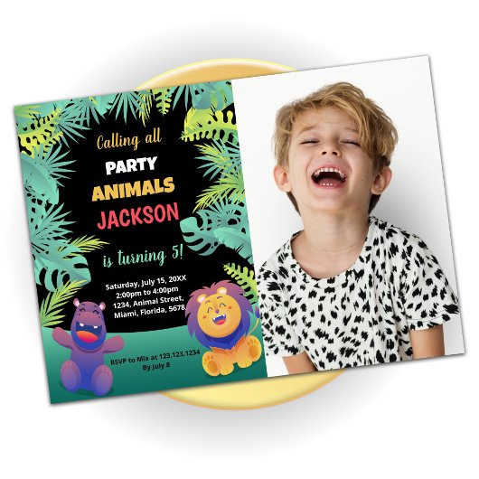 Green Oranje Safari Birthday Invitations W Foto Kaart