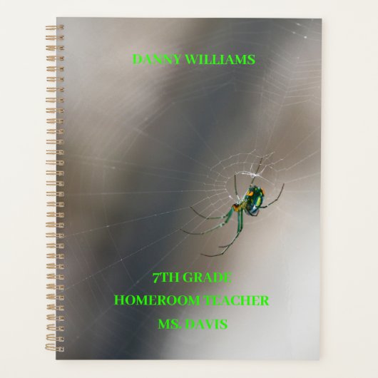 Green Orb Weaver Spider op Web School Classroom Planner (Voorkant)
