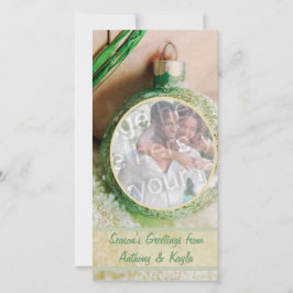 Green Ornament and Snow Photo Holiday Card Feestdagenkaart