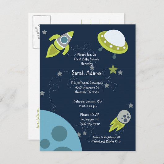 Green Outer Space UFO Baby shower Briefkaart (Voorkant / Achterkant)
