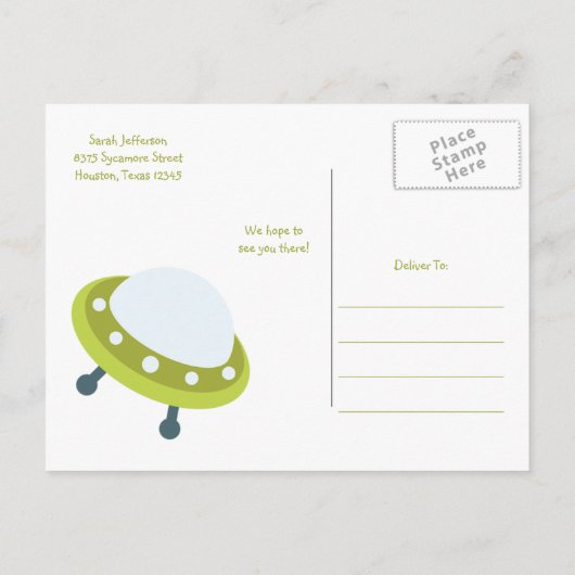 Green Outer Space UFO Baby shower Briefkaart (Achterkant)