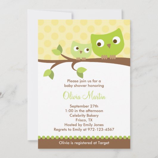 Green Owls Baby Shower-uitnodigingen Kaart (Voorkant)