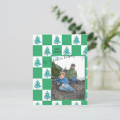 Green Painterly Xmas Tree Checkerboard Photo Note Feestdagenkaart (Staand voorkant)