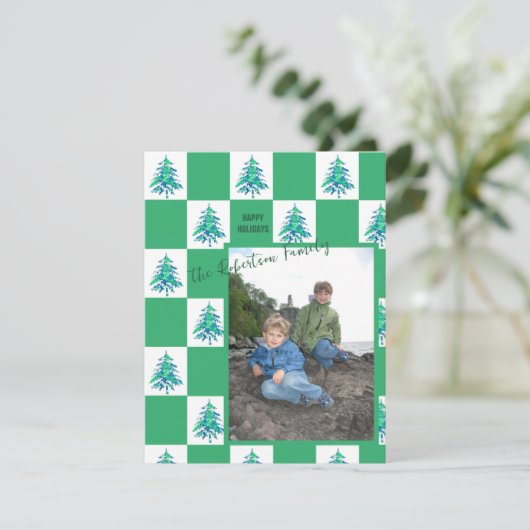 Green Painterly Xmas Tree Checkerboard Photo Note Feestdagenkaart (Staand voorkant)