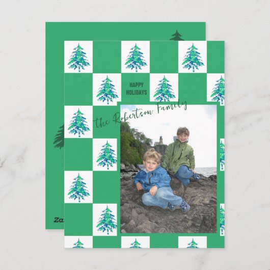 Green Painterly Xmas Tree Checkerboard Photo Note Feestdagenkaart (Voorkant / Achterkant)
