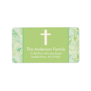 Green Paisley Cross Religieuze address Label