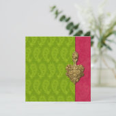 Green Paisley Peacock Indian Wedding Invitation Kaart (Staand voorkant)