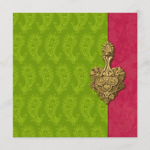 Green Paisley Peacock Indian Wedding Invitation Kaart