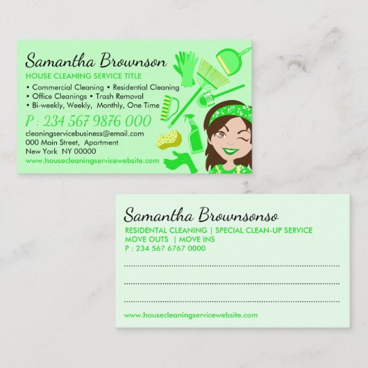 Green Palette Janitor Woman Cartoon House Cleaning Visitekaartje (Voorkant / Achterkant)