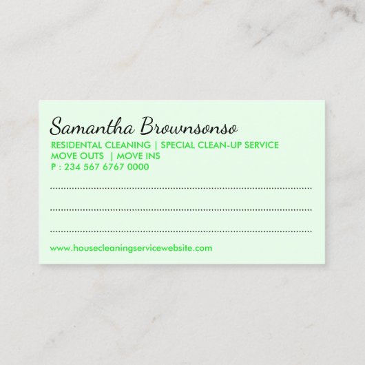 Green Palette Janitor Woman Cartoon House Cleaning Visitekaartje (Achterkant)