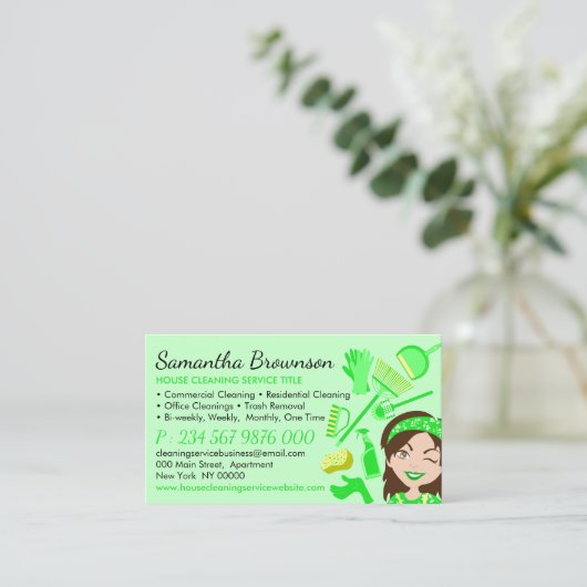 Green Palette Janitor Woman Cartoon House Cleaning Visitekaartje (Staand voorkant)