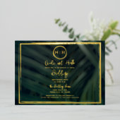 Green Palm Leaf Tropical Wedding Gold Folie Uitnodiging (Staand Voorkant)