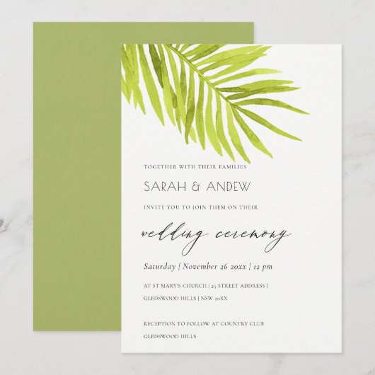 GREEN PALM LEAF WATERVERF FOLIAGE WEDDING KAART (Voorkant / Achterkant)