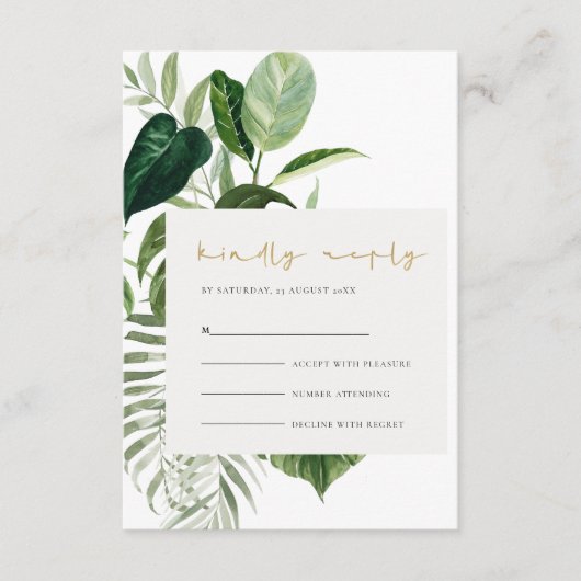 Green Palm Leafy Tropical Foliage Wedding Rsvp Informatiekaartje (Voorkant)
