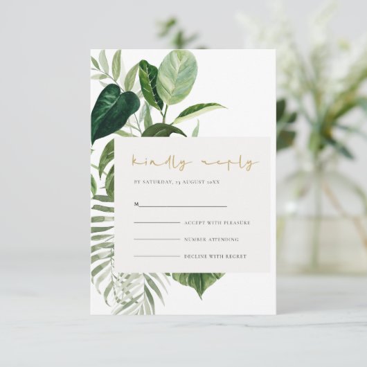 Green Palm Leafy Tropical Foliage Wedding Rsvp Informatiekaartje (Staand voorkant)