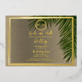 Green Palm Leaves Kraft Tropical Wedding Gold Folie Uitnodiging (Voorkant)