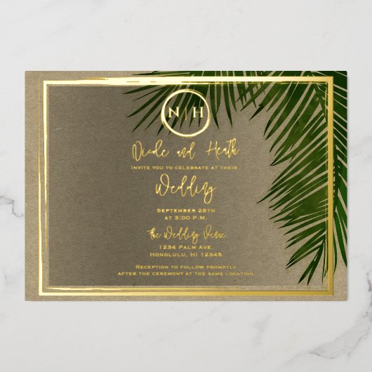 Green Palm Leaves Kraft Tropical Wedding Gold Folie Uitnodiging (Voorkant)