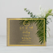 Green Palm Leaves Kraft Tropical Wedding Gold Folie Uitnodiging (Staand Voorkant)