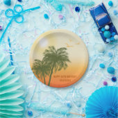 Green Palm Trees Orange Sunset Tropical Birthday Papieren Bordje (Feest)