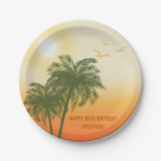 Green Palm Trees Orange Sunset Tropical Birthday Papieren Bordje (Voorkant)