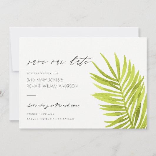 GREEN PALM WATERVERF FOLIAGE BEWAREN DE DATUM SAVE THE DATE (Voorkant)