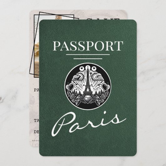 Green Paris Passport Bewaar de datum Save The Date (Voorkant / Achterkant)