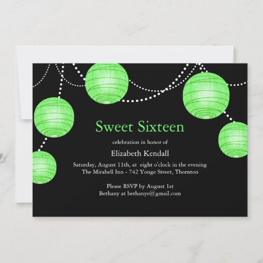 Green Party Lantern Sweet 16 Birthday Invitation Kaart (Voorkant)