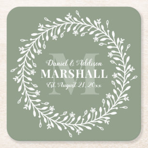 Green Pas getrouwd Couple Wreatmonogram Name Kartonnen Onderzetters