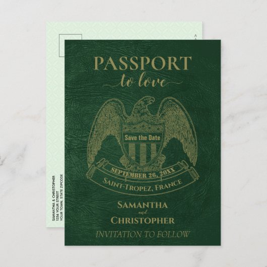 Green Passport Schattige Fun Wedding Save the Date Aankondigingskaart (Voorkant / Achterkant)