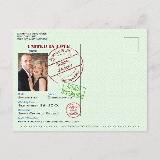 Green Passport Schattige Fun Wedding Save the Date Aankondigingskaart (Achterkant)