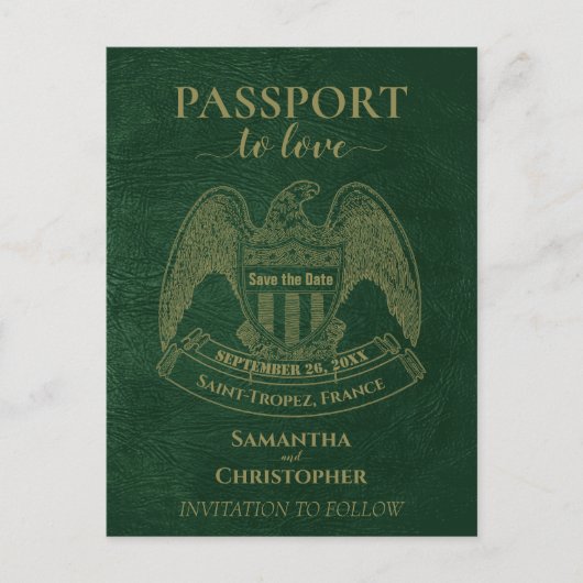 Green Passport Schattige Fun Wedding Save the Date Aankondigingskaart (Voorkant)