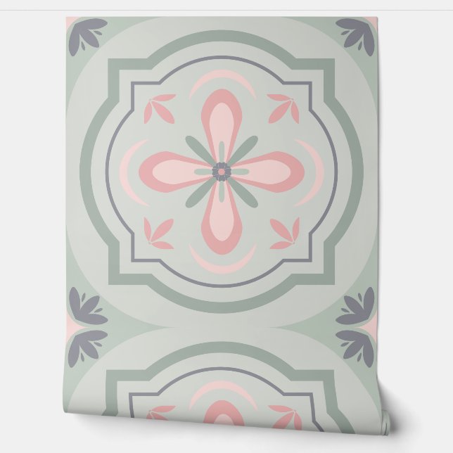 Green Pastel Floral Tiles Behang (Afrollen)