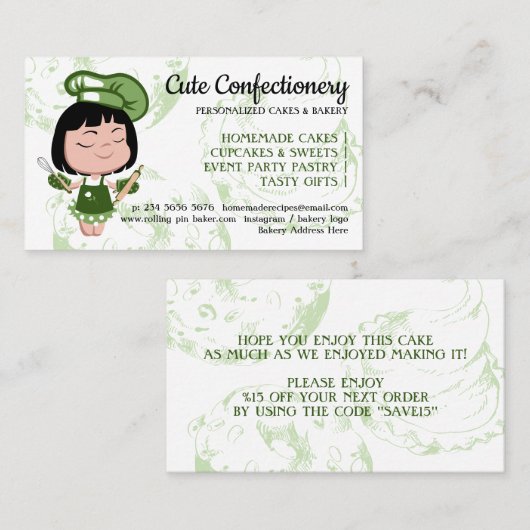 Green Pastry Chef Vrouw Cartoon Bakkerij Visitekaartje (Voorkant / Achterkant)