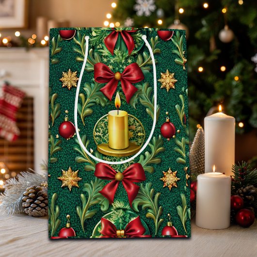 Green Pattern Gold Candle Poinsettia Flower Medium Cadeauzakje