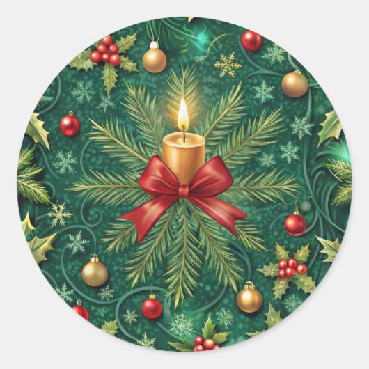 Green Pattern Gold Candle Poinsettia Flower Ronde Sticker (Voorkant)