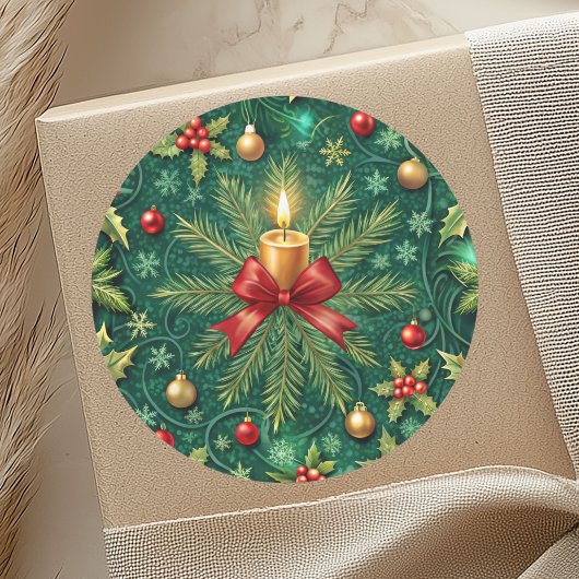 Green Pattern Gold Candle Poinsettia Flower Ronde Sticker