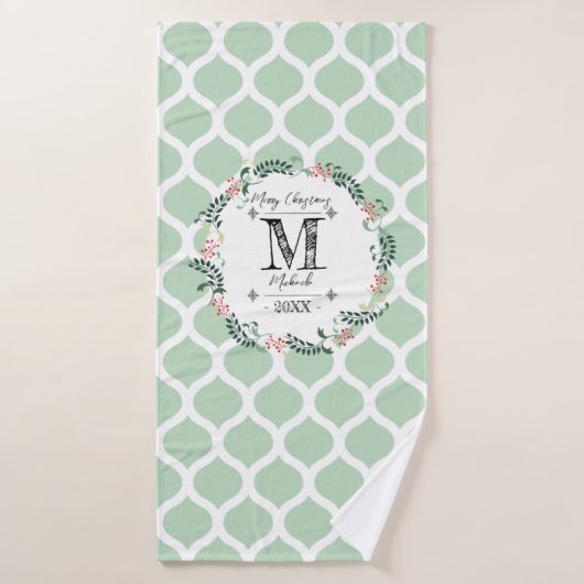 Green Pattern Merry Kerstmis Monogram Bad Handdoek (Badhanddoek)