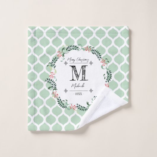 Green Pattern Merry Kerstmis Monogram Bad Handdoek (Wasdoekje)