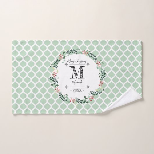 Green Pattern Merry Kerstmis Monogram Bad Handdoek (Handdoek)