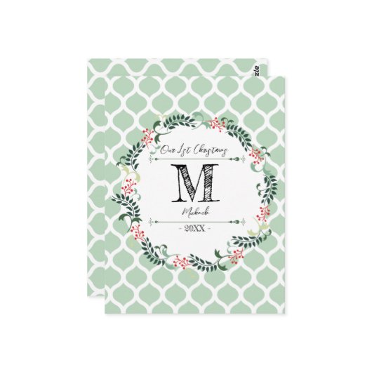 Green Pattern Merry Kerstmis Wreator Monogram Baby Briefkaart (Voorkant / Achterkant in situ)
