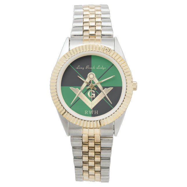 Green Pattern Monogram Masonic Lodge Watch Horloge (Voorkant)