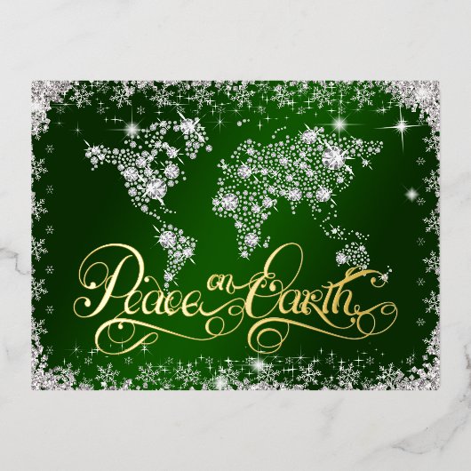 Green Peace op Aarde Smaragd en Diamanten Folie Feestdagen Briefkaart (Voorkant)